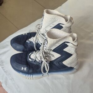 Under Armour White and Navy Mid-Top Basketball Sneakers